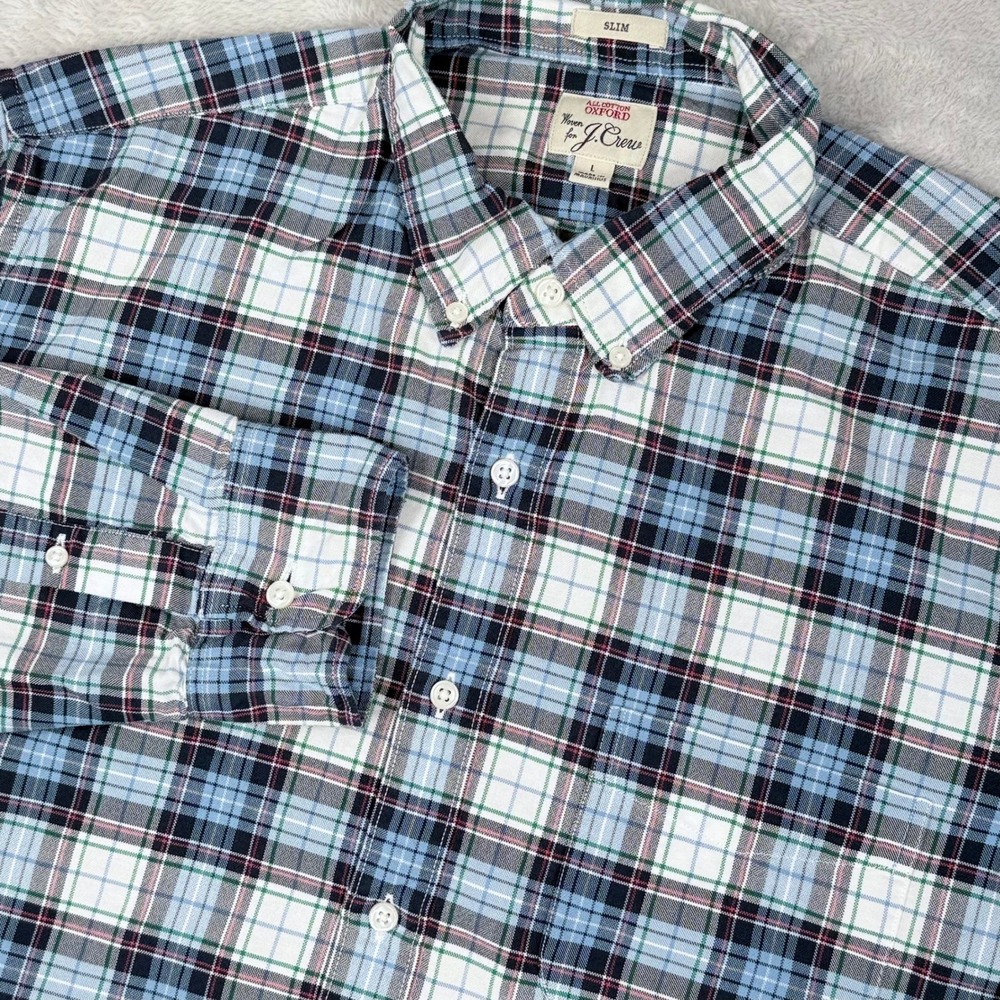 J.Crew Oxford Button Down Shirt Mens Large Blue White Plaid Slim Fit Long Sleeve